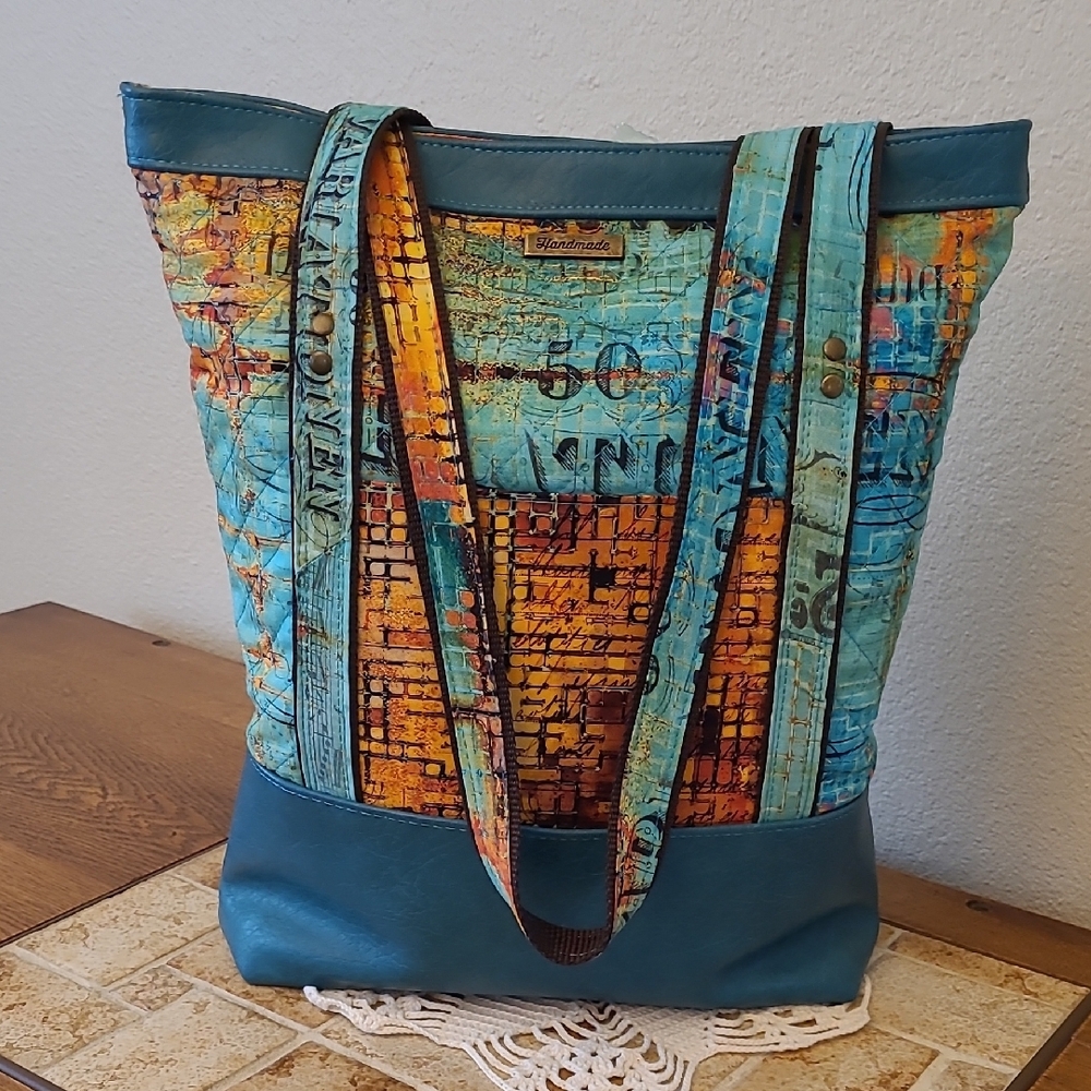 Handcrafted Blue and Orange Quilted Tote Bag with Scenic Design